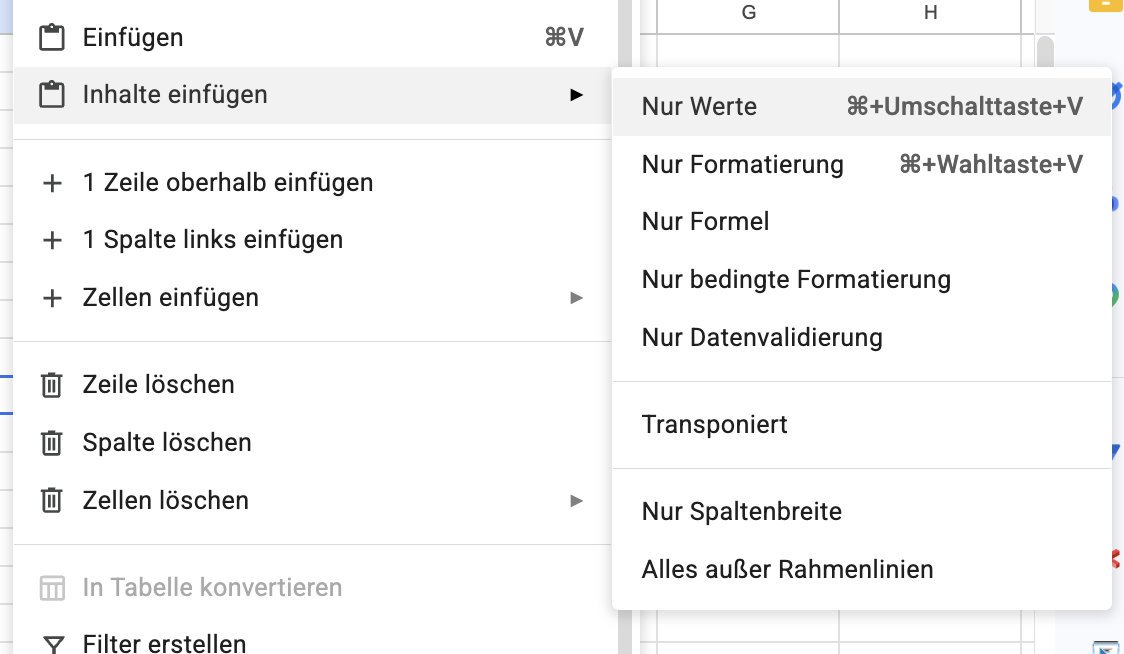 Nach unten kopieren und als Werte einfügen